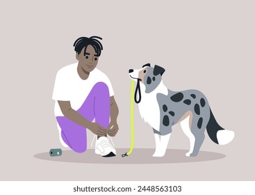 Pre-Walk Ritual, Lacing Up for Adventure With a Devoted Border Collie, A person ties their sneakers, anticipating a leisurely walk, as their attentive puppy waits