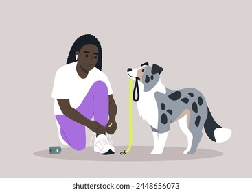 Pre-Walk Ritual, Lacing Up for Adventure With a Devoted Border Collie, A person ties their sneakers, anticipating a leisurely walk, as their attentive puppy waits