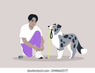 Pre-Walk Ritual, Lacing Up for Adventure With a Devoted Border Collie, A person ties their sneakers, anticipating a leisurely walk, as their attentive puppy waits