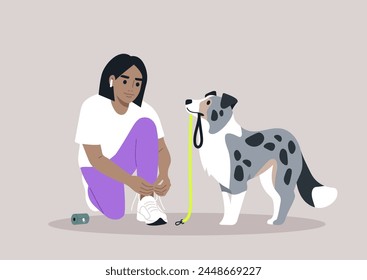 Pre-Walk Ritual, Lacing Up for Adventure With a Devoted Border Collie, A person ties their sneakers, anticipating a leisurely walk, as their attentive puppy waits