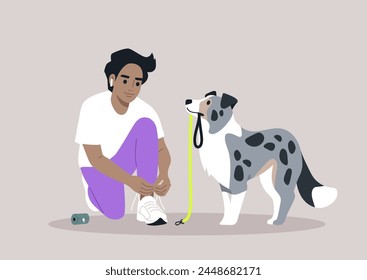 Pre-Walk Ritual, Lacing Up for Adventure With a Devoted Border Collie, A person ties their sneakers, anticipating a leisurely walk, as their attentive puppy waits