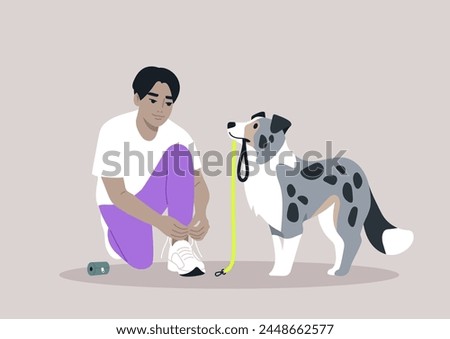 Pre-Walk Ritual, Lacing Up for Adventure With a Devoted Border Collie, A person ties their sneakers, anticipating a leisurely walk, as their attentive puppy waits