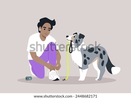 Pre-Walk Ritual, Lacing Up for Adventure With a Devoted Border Collie, A person ties their sneakers, anticipating a leisurely walk, as their attentive puppy waits