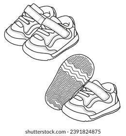 Prewalkers shoes rubber sole. Vector sketch illustration, top, bottom, and side view. Baby shoes vector isolated on a white background.