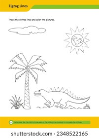 Prewriting skills, line practice sheet for kindergarten, Handwriting practice for kids. Fine motor skills. Line tracing worksheet. Activity page for kids. Coloring page for preschool.