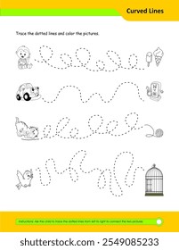 Prewriting skills, line practice sheet for kindergarten, Handwriting practice for kids. Fine motor skills. Line tracing worksheet. Activity page for kids. Coloring page for preschool.