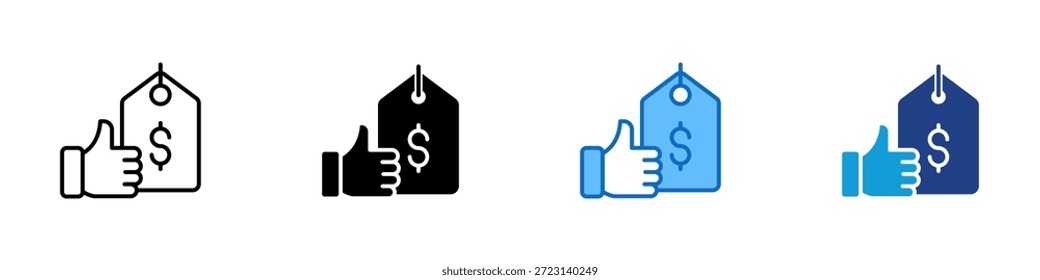 Price Approval Multiple Style Icon Design Vector - thumbs up beside price tag with a dollar sign, showing a positive agreement toward cost or value