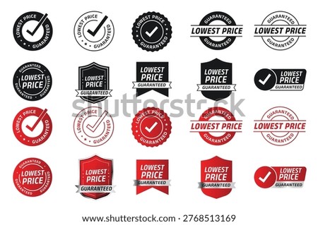 “Lowest Price Guaranteed” badge set designed to highlight competitive pricing and attract customer attention in marketing campaigns. This collection features a wide range of badge styles including circular stamps, shield badges, ribbon labels, and minimal outline designs, all with bold typography and checkmark symbols to convey trust and value. vector illustration