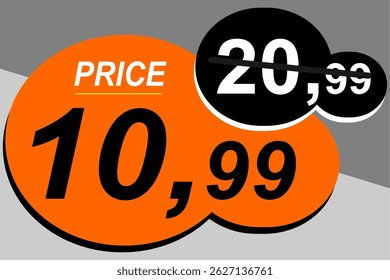 Price before 20.99 and after 10.99, discount and price sale tag, price tag, label, vector banner, special offer, vector illustration.