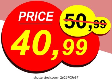 Price before 50.99 and after 40.99, discount and price sale tag, price tag, label, vector banner, special offer, vector illustration.
