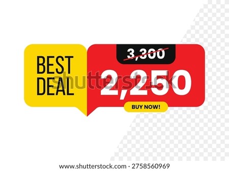 Price before and after modern rounded sale banner with speech bubble and big discount price tag, crossed old price, and best deal buy now words isolated on white background. For icon, logo, label, badge, sign. Vector Illustration