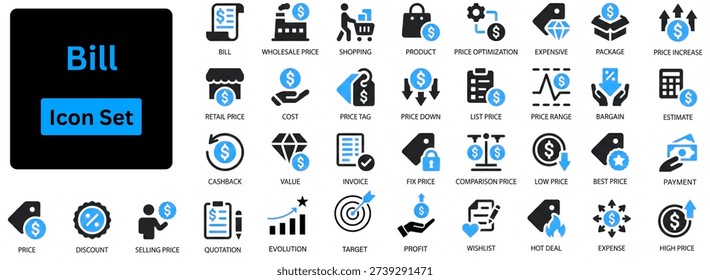 Price and bill icon set silhouette vector 