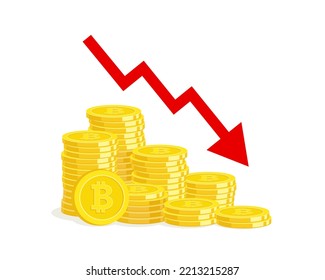 The price of bitcoin is falling. Stack of bitcoins and red down arrow. Negative outlook on the cryptocurrency exchange rate.