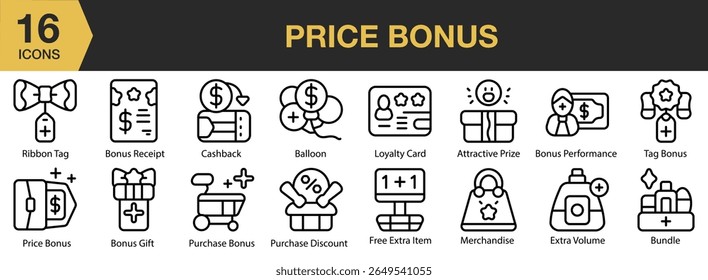 Conjunto de iconos de bonificación de Precio. Incluye Precio, bono, descuento, oferta, recompensa, promoción y más. Colección de Vector de iconos de contorno.