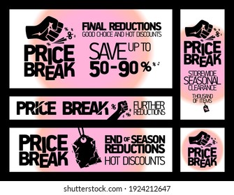 Price break banners vector set for seasonal clearance and discounts - end of season reductions, storewide savings, hot discounts, etc.