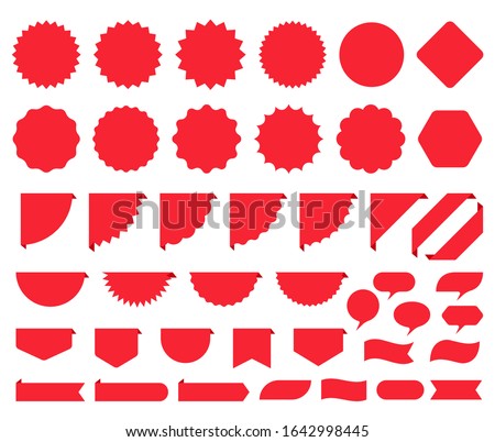 Price burst box. Starburst promo sticker. Vector. Round star icon. Set sale tag badges. Red circle, cloud, flag shapes. Sunburst label isolated on white background. Color illustration. Simple pricetag