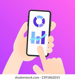 Price chart on the phone screen. Flat, color, up graph, phone in hand template, price graph icon. Vector icon
