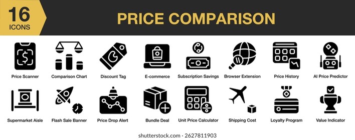 Price Comparison solid icon set. Includes comparison, price, business, compare, service, table, and More. Solid icons vector collection.