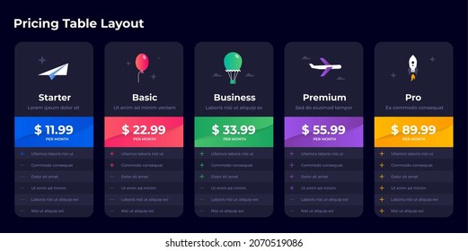 Price Comparison. Spreadsheet Compare Chart Layout. Subscription Plan With Features Checklist. Product Compare Table. Service Tariffs Black Infographic. Vector Business Pricing Grid