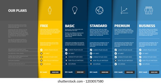 Price comparison table for five products / services with description and icons - blue and yellow version