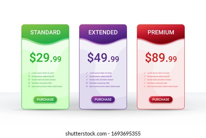 Price comparison table layout template for three products, vector illustration