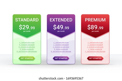 Price comparison table layout template for three products, vector illustration