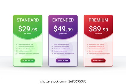 Price comparison table layout template for three products, vector illustration