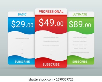Price comparison table layout template for three products, vector illustration