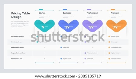 Price comparison table template for four plans or services. Simple flat infographic design for website marketing or promotion.