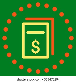 Price Copy vector icon. Style is bicolor flat circled symbol, orange and yellow colors, rounded angles, green background.