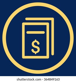 Price Copy vector icon. Style is flat circled symbol, yellow color, rounded angles, blue background.