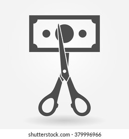 Price Or Cost Cut Icon. Discount And Sale Icon Concept. Scissor Cutting Money Bill. Vector Illustration