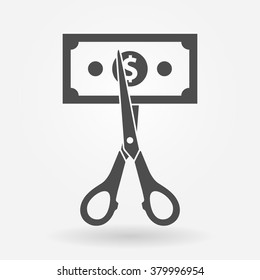 Price or cost reducing icon concept. Scissor cutting money. Vector illustration