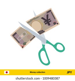 Price or cost reduction concept. Scissors cutting money bill. Yen banknote.