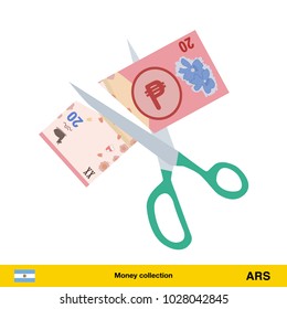 Price or cost reduction concept. Scissors cutting money bill. Peso banknote.