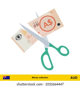Price or cost reduction concept. Scissors cutting money bill. Australian dollar banknote.