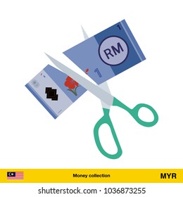 Price or cost reduction concept. Scissors cutting money bill. Ringgit banknote.