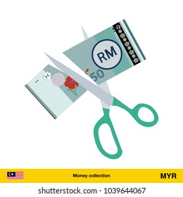 Price or cost reduction concept. Scissors cutting money bill. Ringgit banknote.