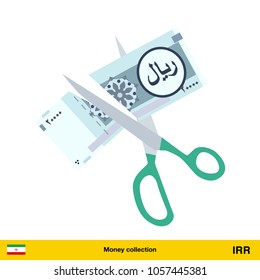Price or cost reduction concept. Scissors cutting money bill. Iranian rial banknote.

