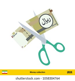 Price or cost reduction concept. Scissors cutting money bill. Iranian rial banknote.

