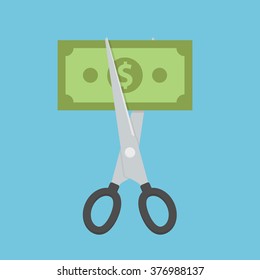 Price or cost reduction concept. Scissors cutting money bill. Flat style