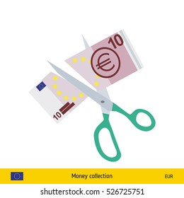 Price or cost reduction concept. Scissors cutting money bill. Euro banknote.
