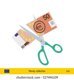 Price or cost reduction concept. Scissors cutting money bill. Euro banknote.