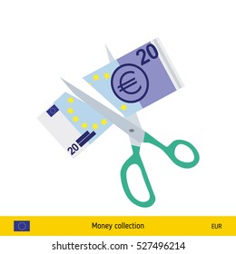 Price or cost reduction concept. Scissors cutting money bill. Euro banknote.