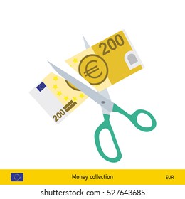 Price or cost reduction concept. Scissors cutting money bill. Euro banknote.