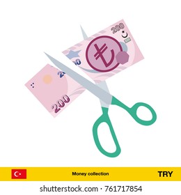 Price or cost reduction concept. Scissors cutting money bill. turkey lira banknote.