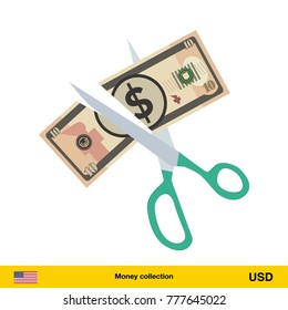 Price or cost reduction concept. Scissors cutting money bill. Dollar banknote.