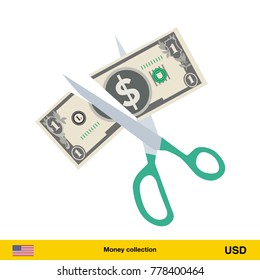 Price or cost reduction concept. Scissors cutting money bill. Dollar banknote.