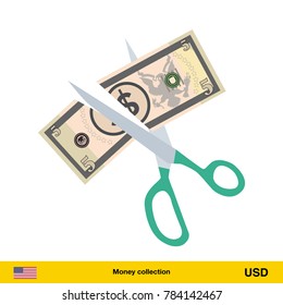 Price or cost reduction concept. Scissors cutting money bill. Dollar banknote.