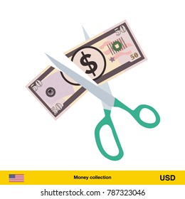Price or cost reduction concept. Scissors cutting money bill. Dollar banknote.